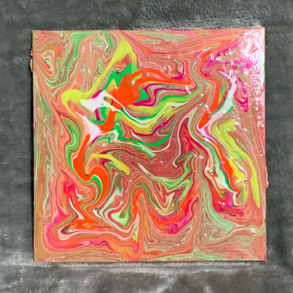 Original Paint Pour with neon pink, coral, green, yellow, & white on 8x8 canvas - Picture 1 of 7